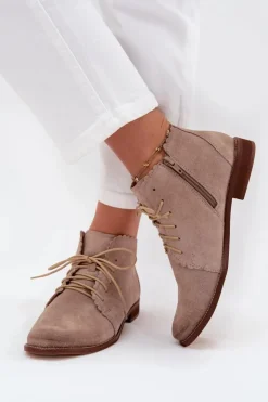 Nobo Botki Skórzane|Botki Sznurowane*Zamszowe Botki Na Płaskim Obcasie Cappuccino Zazoo 4078 Beżowy