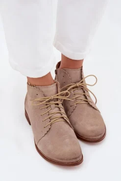 Nobo Botki Skórzane|Botki Sznurowane*Zamszowe Botki Na Płaskim Obcasie Cappuccino Zazoo 4078 Beżowy