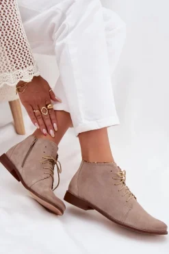 Nobo Botki Skórzane|Botki Sznurowane*Zamszowe Botki Na Płaskim Obcasie Cappuccino Zazoo 4078 Beżowy