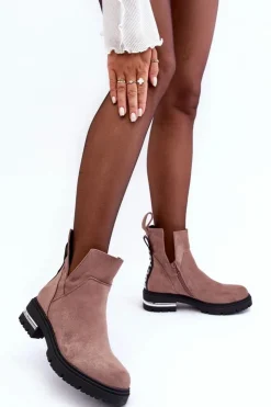 Sale Boto Zamszowe Botki Na Płaskim Obcasie Z Wycięciami Ciemnobeżowe Lamedella