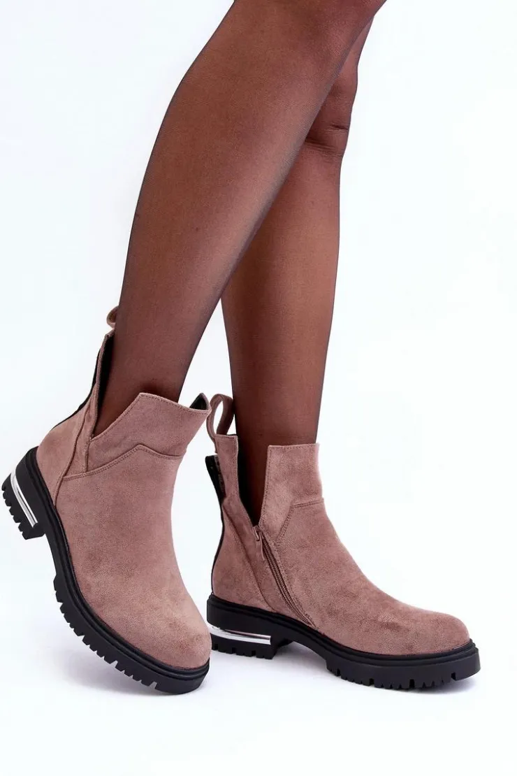 Sale Boto Zamszowe Botki Na Płaskim Obcasie Z Wycięciami Ciemnobeżowe Lamedella