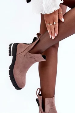 Sale Boto Zamszowe Botki Na Płaskim Obcasie Z Wycięciami Ciemnobeżowe Lamedella