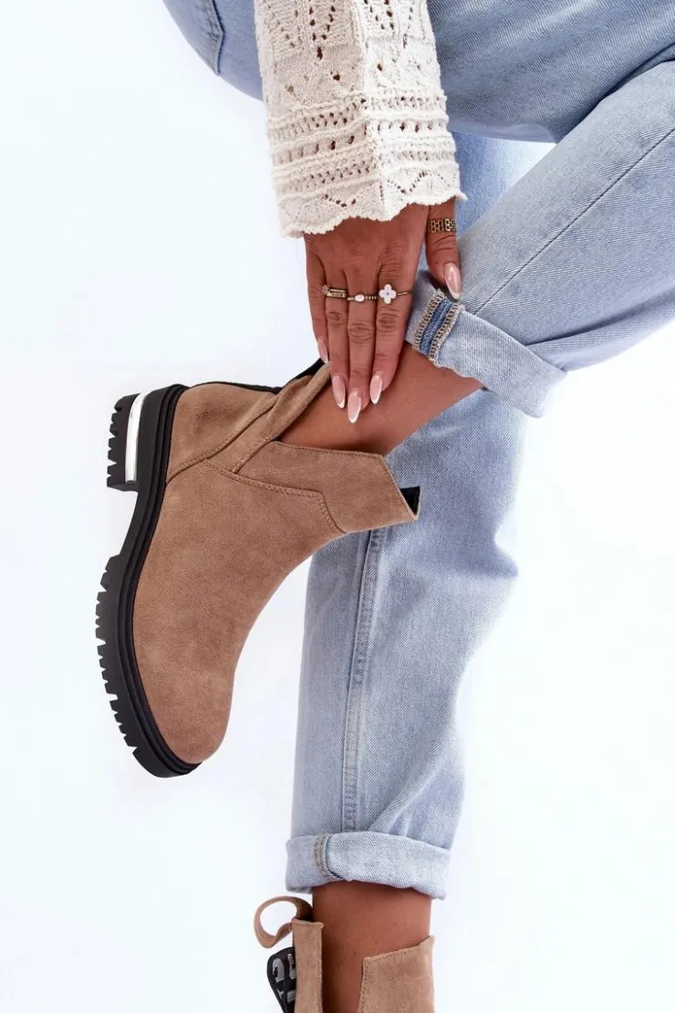 Damskie Boto Zamszowe Botki Na Płaskim Obcasie Z Wycięciami Beżowe Lamedella