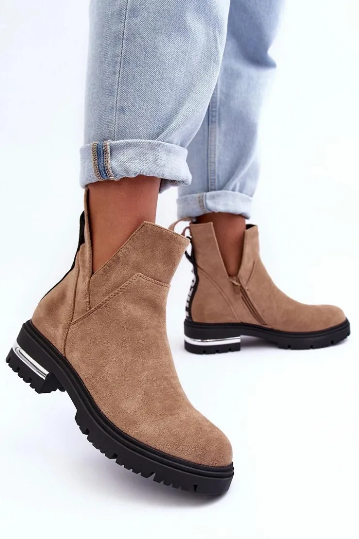 Damskie Boto Zamszowe Botki Na Płaskim Obcasie Z Wycięciami Beżowe Lamedella