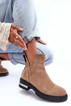 Damskie Boto Zamszowe Botki Na Płaskim Obcasie Z Wycięciami Beżowe Lamedella