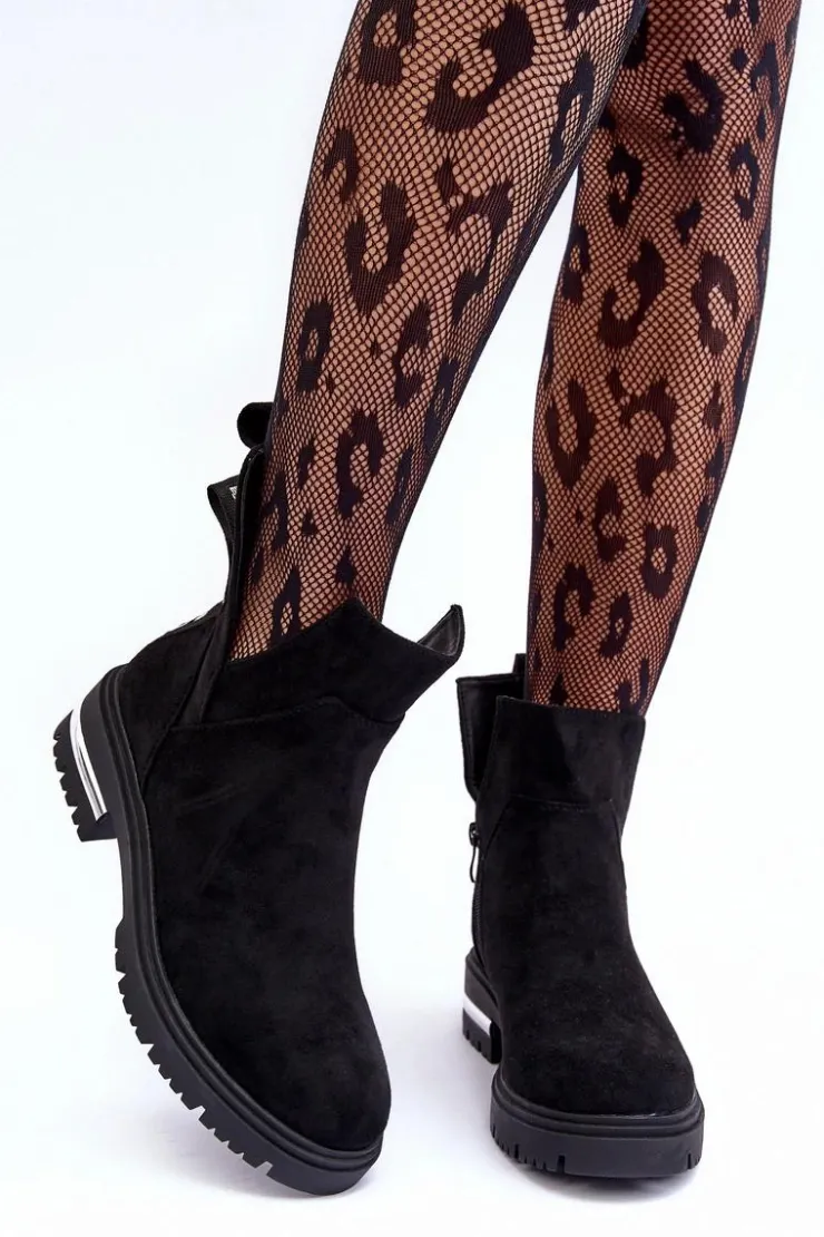 Sale Boto Zamszowe Botki Na Płaskim Obcasie Z Wycięciami Czarne Lamedella