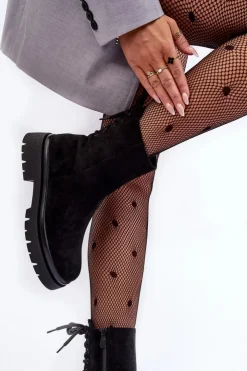 Boto Czarne Botki|Botki Płaskie*Zamszowe Botki Na Płaskim Obcasie Sznurowane Czarne Lakyta