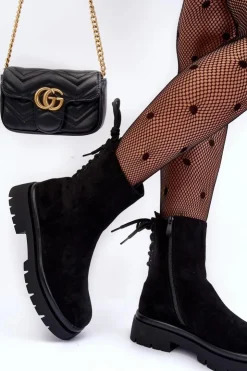 Boto Czarne Botki|Botki Płaskie*Zamszowe Botki Na Płaskim Obcasie Sznurowane Czarne Lakyta