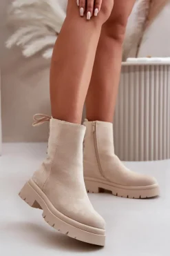 Boto Zamszowe Botki Na Płaskim Obcasie Sznurowane Beżowe Lakyta