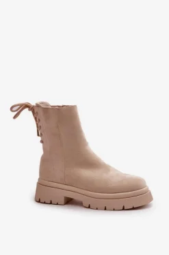 Boto Zamszowe Botki Na Płaskim Obcasie Sznurowane Beżowe Lakyta