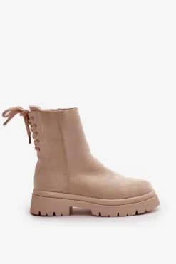 Boto Zamszowe Botki Na Płaskim Obcasie Sznurowane Beżowe Lakyta