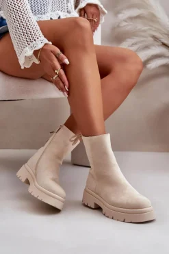 Boto Zamszowe Botki Na Płaskim Obcasie Sznurowane Beżowe Lakyta