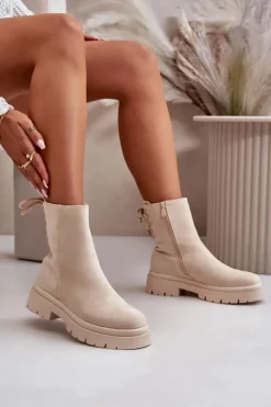 Boto Zamszowe Botki Na Płaskim Obcasie Sznurowane Beżowe Lakyta