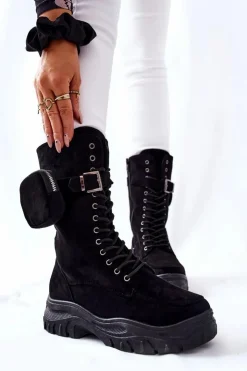 Boto Zamszowe Botki Na Platformie Z Nerką Czarne Issanti