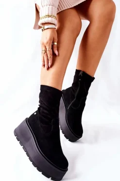 Hot Maciejka Zamszowe Botki Na Platformie Czarne 05319-01
