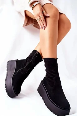Damskie Maciejka Zamszowe Botki Na Platformie Czarne 05319-01