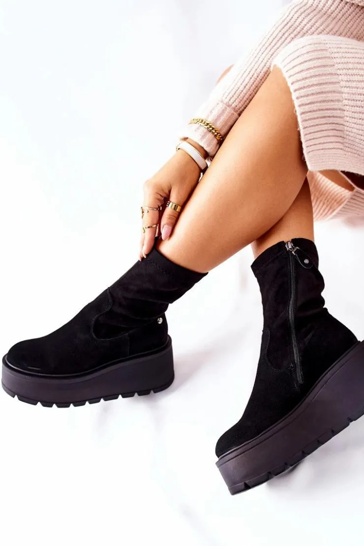 Damskie Maciejka Zamszowe Botki Na Platformie Czarne 05319-01