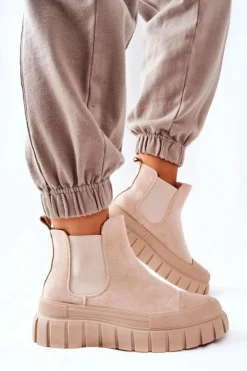 Damskie Boto Zamszowe Botki Na Platformie Beżowe Jennily