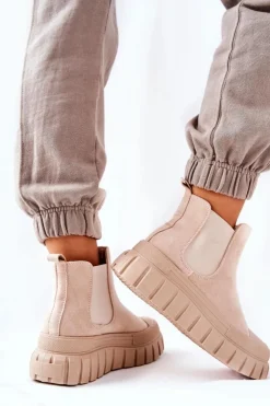 Damskie Boto Zamszowe Botki Na Platformie Beżowe Jennily