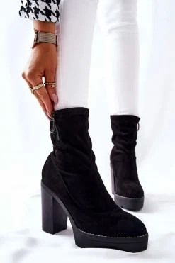 Boto Botki Na Słupku|Czarne Botki*Zamszowe Botki Na Słupku Czarne Marlevo