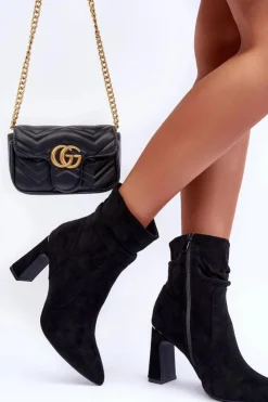 Damskie Boto Zamszowe Botki Na Słupku Czarne Mellamene