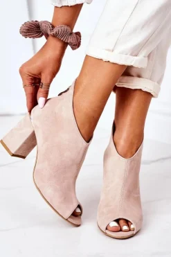 Damskie Boto Zamszowe Botki Na Słupku Lewski Shoes 3044 Beżowe