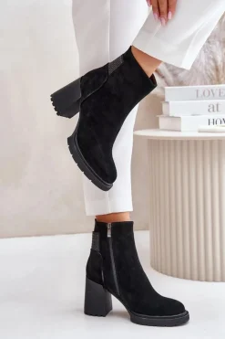 Damskie buty S.Barski Botki Ocieplane|Botki Na Słupku*Zamszowe Botki Na Słupku Ocieplane D&A CR42-106 Czarne