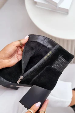 Damskie buty S.Barski Botki Ocieplane|Botki Na Słupku*Zamszowe Botki Na Słupku Ocieplane D&A CR42-106 Czarne