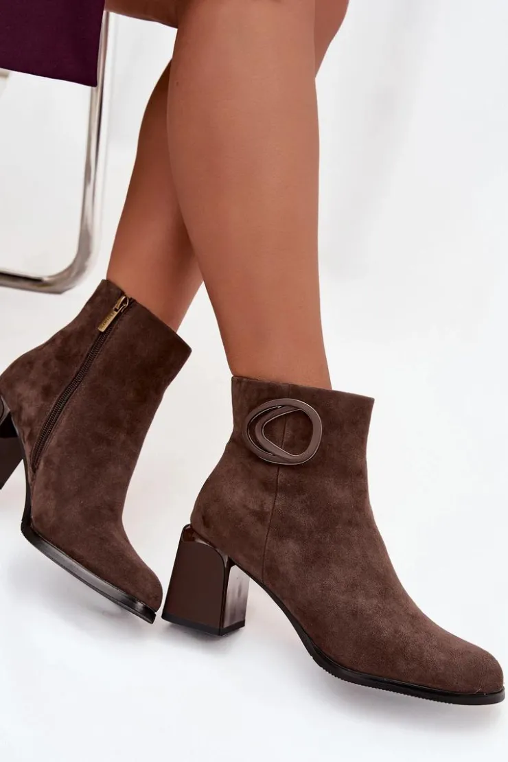 Artiker Botki Ocieplane|Botki Skórzane*Zamszowe Botki Na Słupku Ocieplane Z Ozdobnym Detalem 57C0017 Brązowe Brązowy
