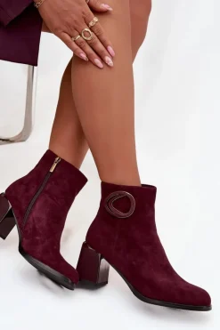 New Artiker Zamszowe Botki Na Słupku Ocieplane Z Ozdobnym Detalem 57C0016 Bordowe Czerwony