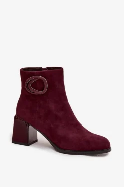 New Artiker Zamszowe Botki Na Słupku Ocieplane Z Ozdobnym Detalem 57C0016 Bordowe Czerwony