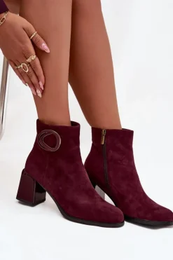 New Artiker Zamszowe Botki Na Słupku Ocieplane Z Ozdobnym Detalem 57C0016 Bordowe Czerwony