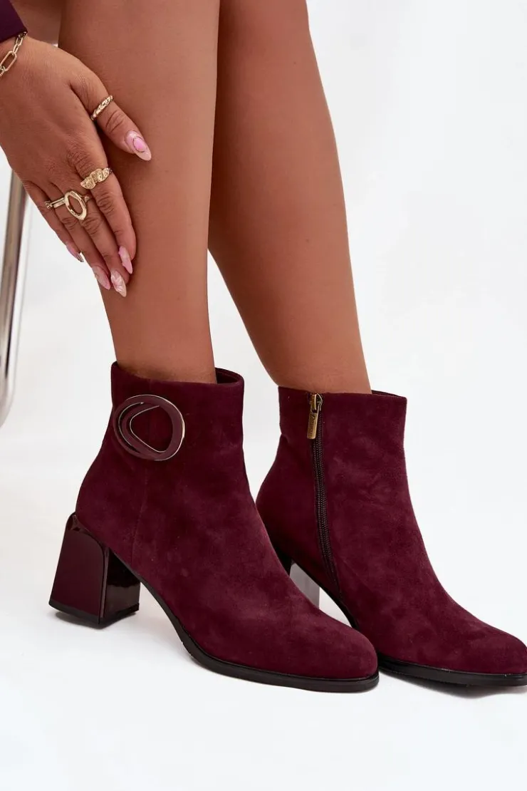 New Artiker Zamszowe Botki Na Słupku Ocieplane Z Ozdobnym Detalem 57C0016 Bordowe Czerwony