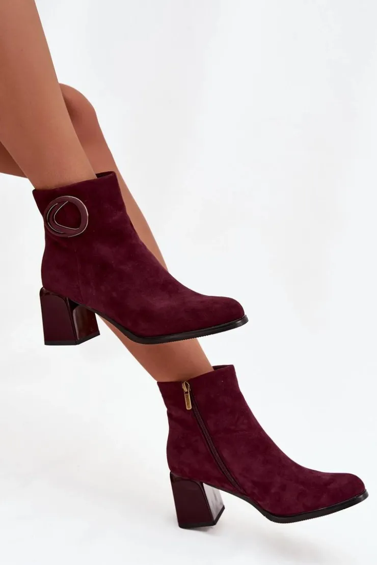 New Artiker Zamszowe Botki Na Słupku Ocieplane Z Ozdobnym Detalem 57C0016 Bordowe Czerwony
