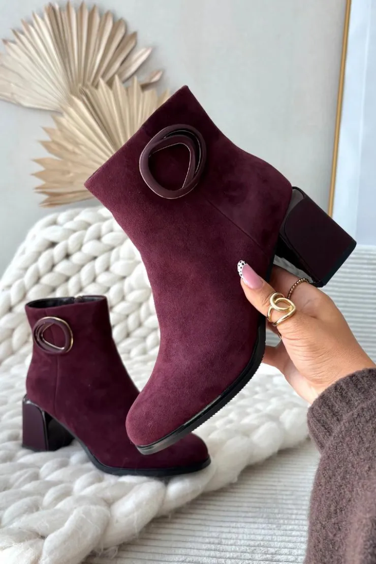 New Artiker Zamszowe Botki Na Słupku Ocieplane Z Ozdobnym Detalem 57C0016 Bordowe Czerwony