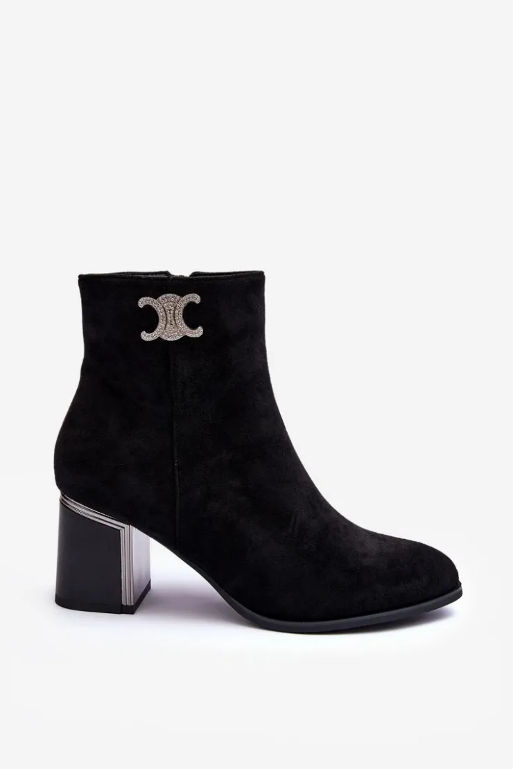 Boto Czarne Botki|Brązowe I Beżowe Botki*Zamszowe Botki Na Słupku Z Ozdobą Czarne Dwinja