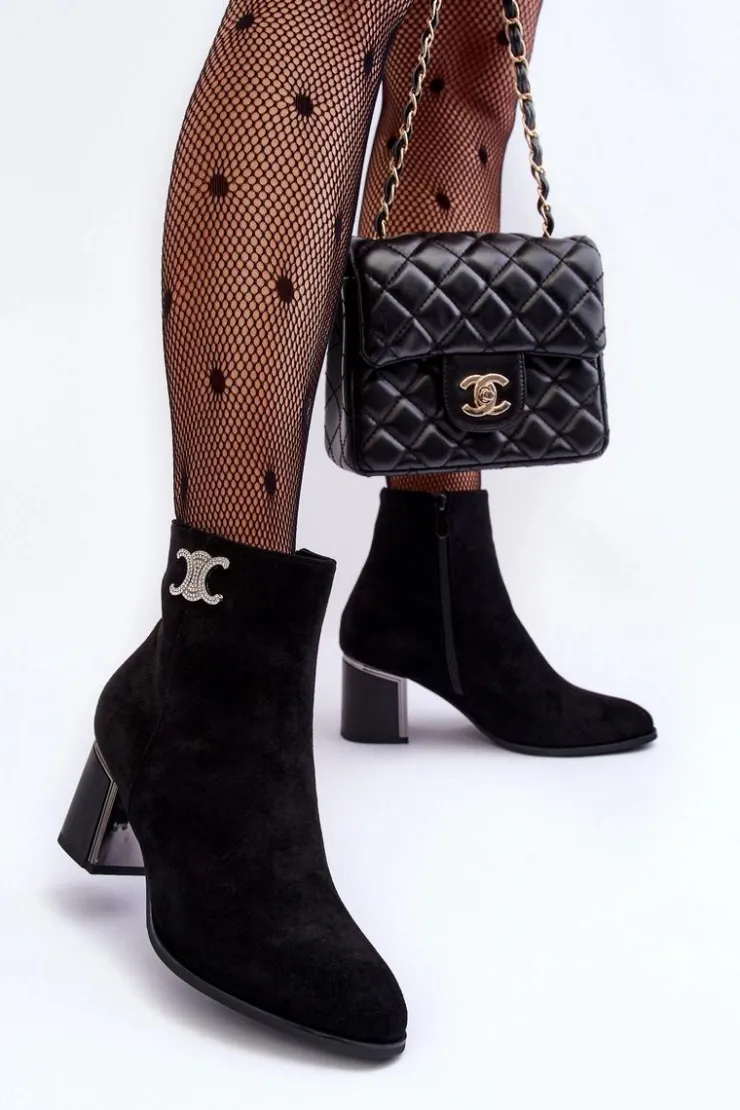 Boto Czarne Botki|Brązowe I Beżowe Botki*Zamszowe Botki Na Słupku Z Ozdobą Czarne Dwinja