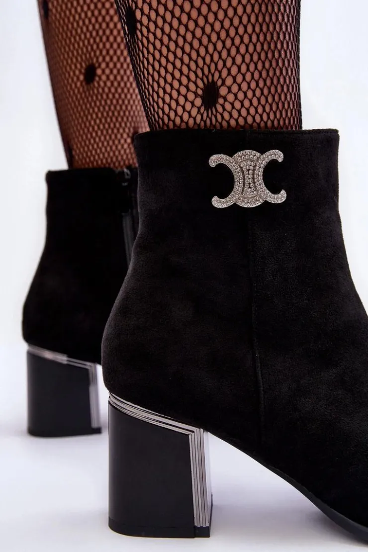 Boto Czarne Botki|Brązowe I Beżowe Botki*Zamszowe Botki Na Słupku Z Ozdobą Czarne Dwinja