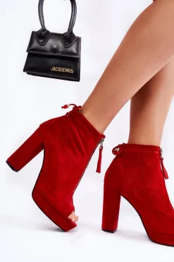 Boto Botki Sznurowane|Botki Na Słupku*Zamszowe Botki Na Suwak Czerwone Donnita