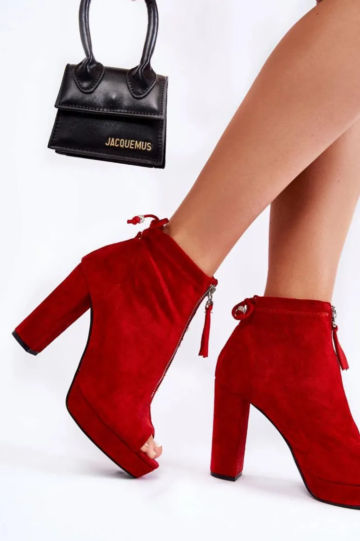 Boto Botki Sznurowane|Botki Na Słupku*Zamszowe Botki Na Suwak Czerwone Donnita