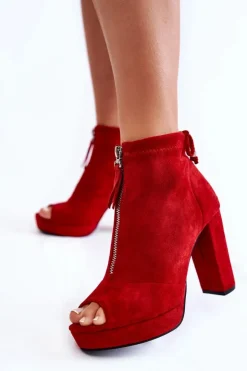 Boto Botki Sznurowane|Botki Na Słupku*Zamszowe Botki Na Suwak Czerwone Donnita