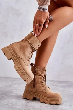 Damskie Boto Zamszowe Botki Na Suwak Camel Marley