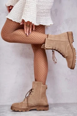 Boto Botki Wiosenne|Botki Sznurowane*Zamszowe Botki Na Suwak Nicole 2754 Beżowe