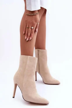 Damskie Boto Zamszowe Botki Na Szpilce Jasnobeżowe Eberpia