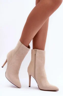 Damskie Boto Zamszowe Botki Na Szpilce Jasnobeżowe Eberpia