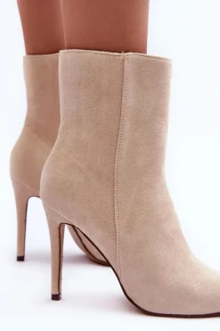 Damskie Boto Zamszowe Botki Na Szpilce Jasnobeżowe Eberpia