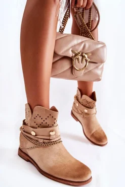 Damskie Boto Zamszowe Botki Na Ukrytym Koturnie Beżowe Verine