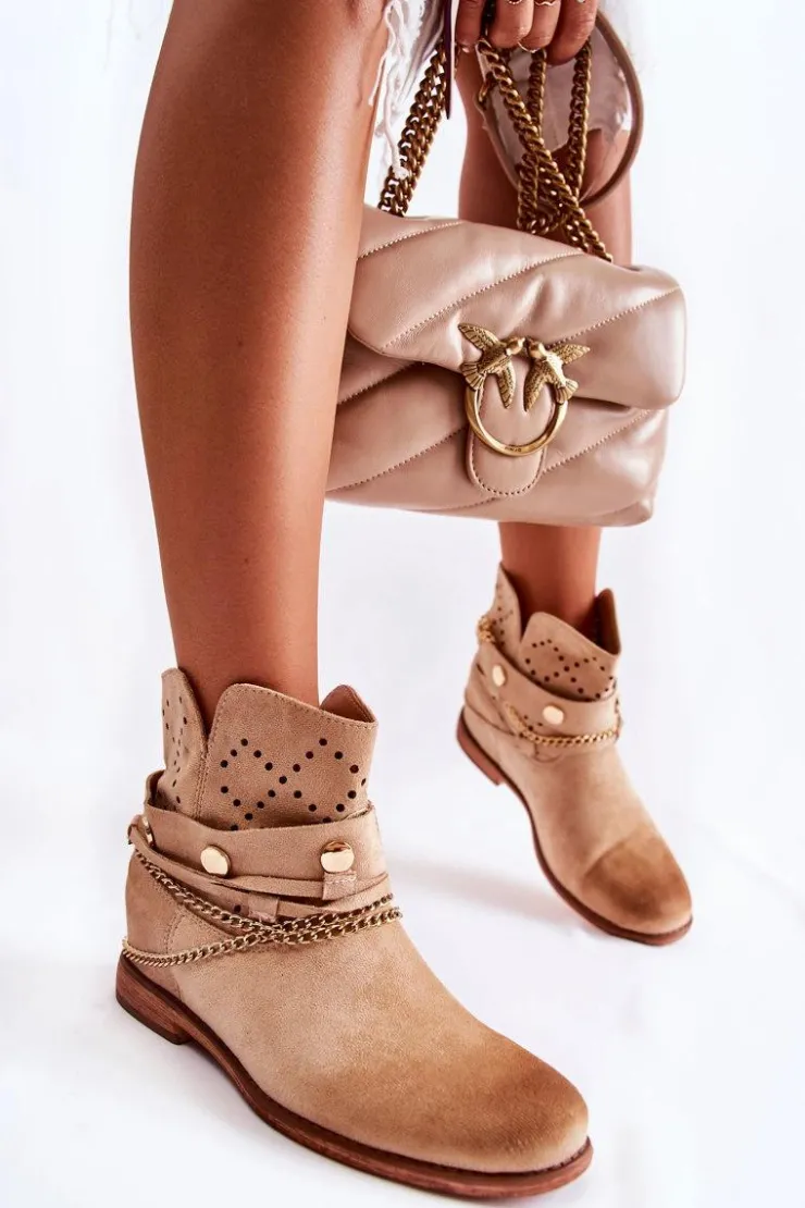 Damskie Boto Zamszowe Botki Na Ukrytym Koturnie Beżowe Verine