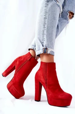 Damskie Boto Zamszowe Botki Na Wysokim Obcasie Czerwone Sarsea