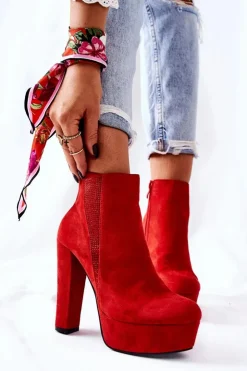 Damskie Boto Zamszowe Botki Na Wysokim Obcasie Czerwone Sarsea